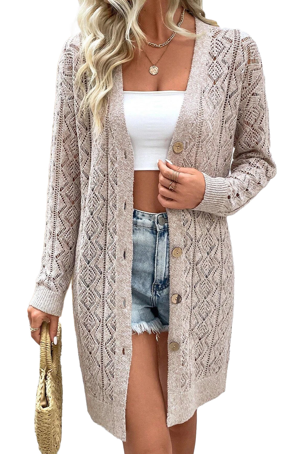 Hollow Out Button Front Long Cardigan