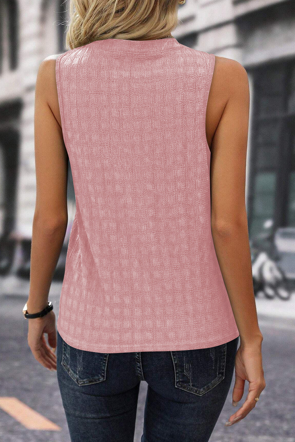 Lattice Textured Split Neck Tank Top