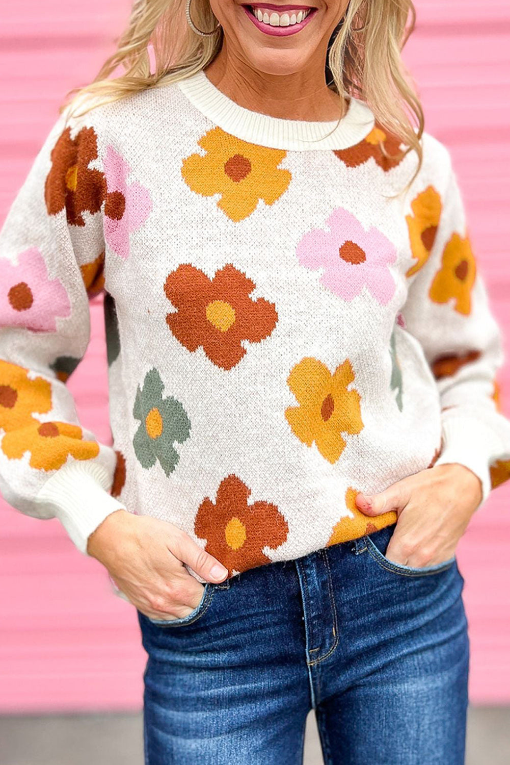 White Plus Size Flower Pattern Ribbed Trim Casual Sweater