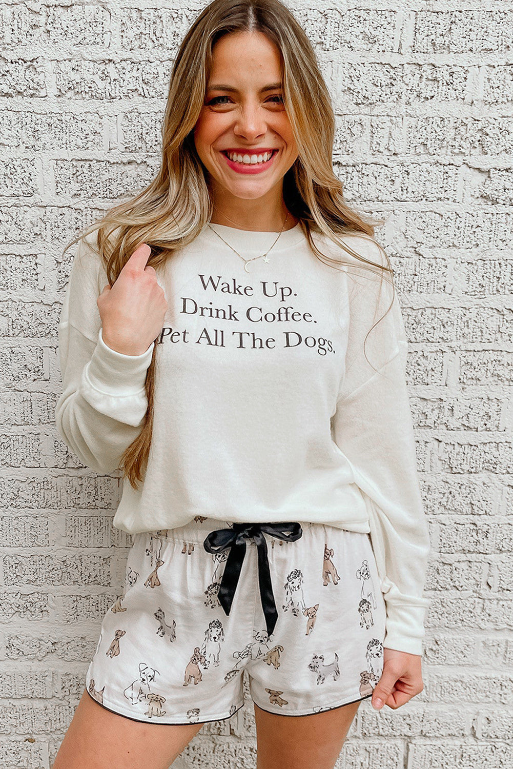 White Long Sleeve Letters Pullover and Animal Shorts Lounge Set