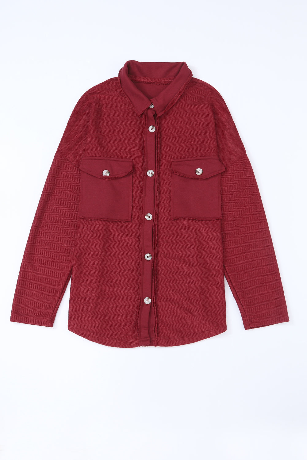 Solid Color Textured Button Up Shacket with Pockets