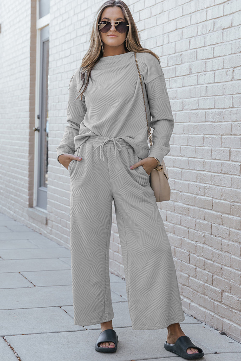 White Textured Long Sleeve Top and Drawstring Shorts Set