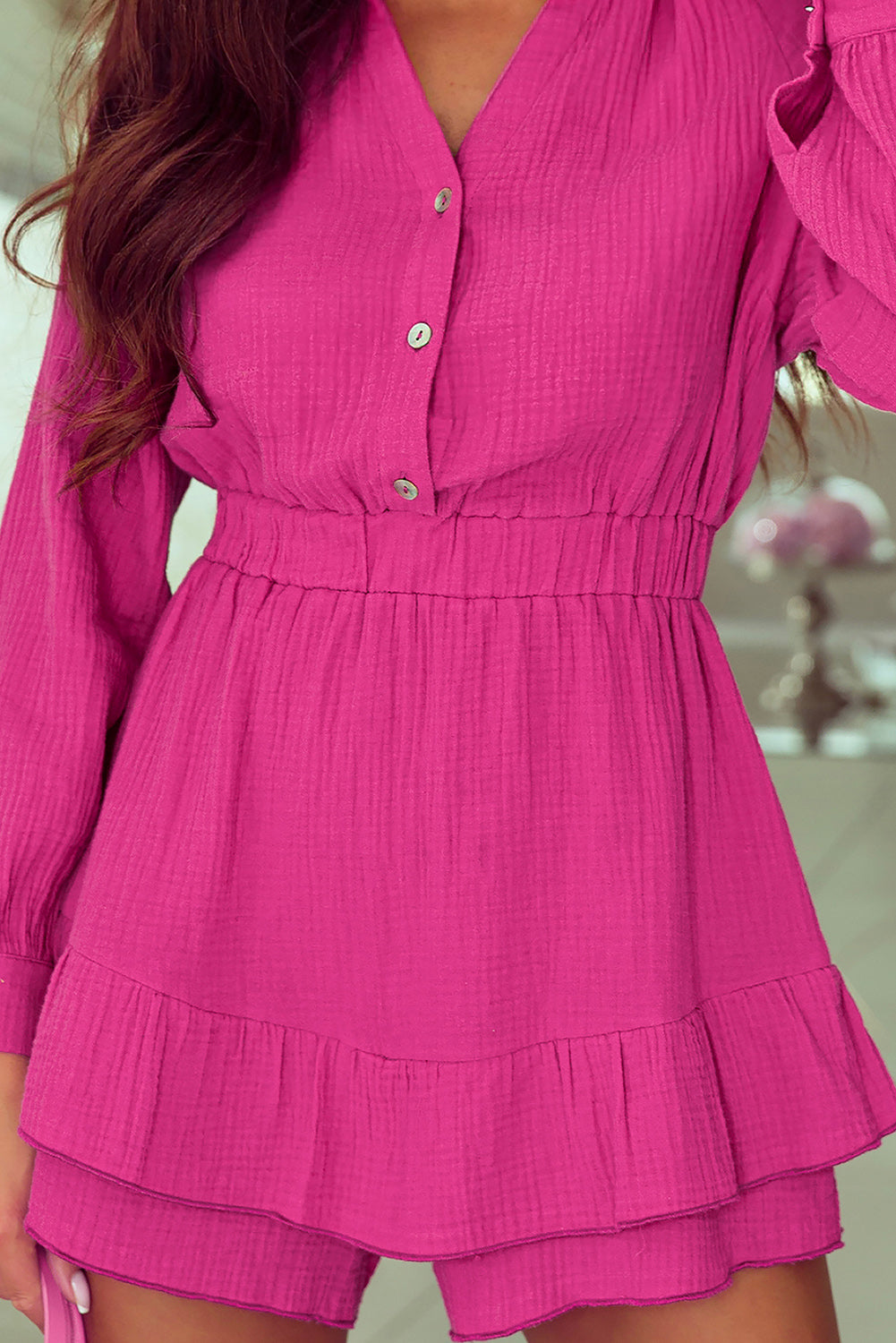 Rose Textured Tiered Ruffled Buttoned Long Sleeve Romper