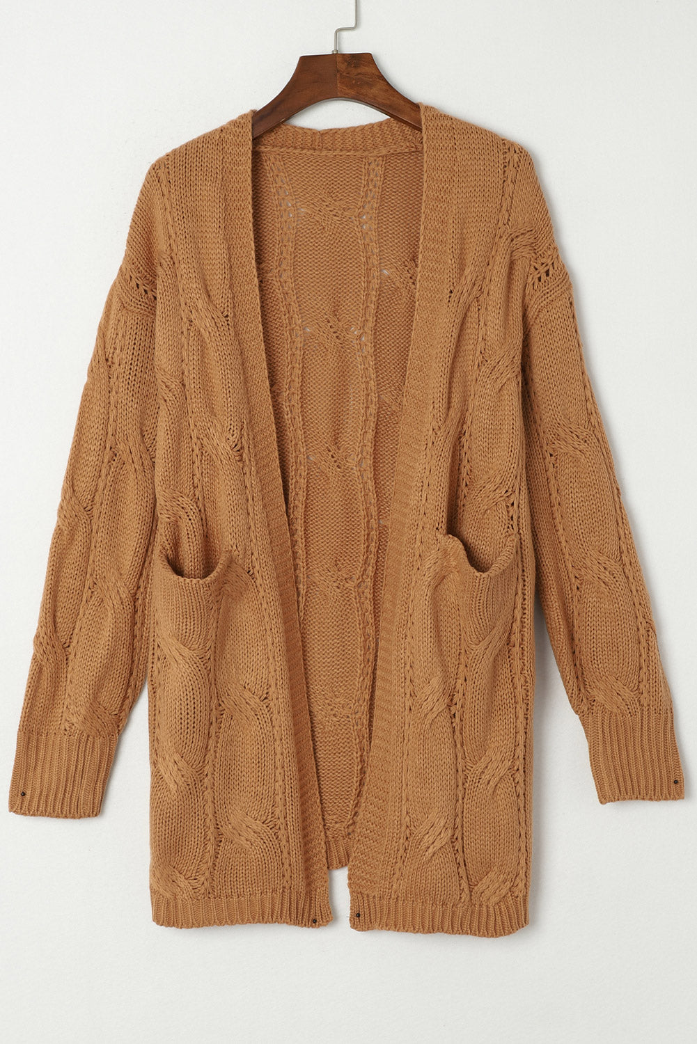 Ribbed Trim Eyelet Cable Knit Cardigan