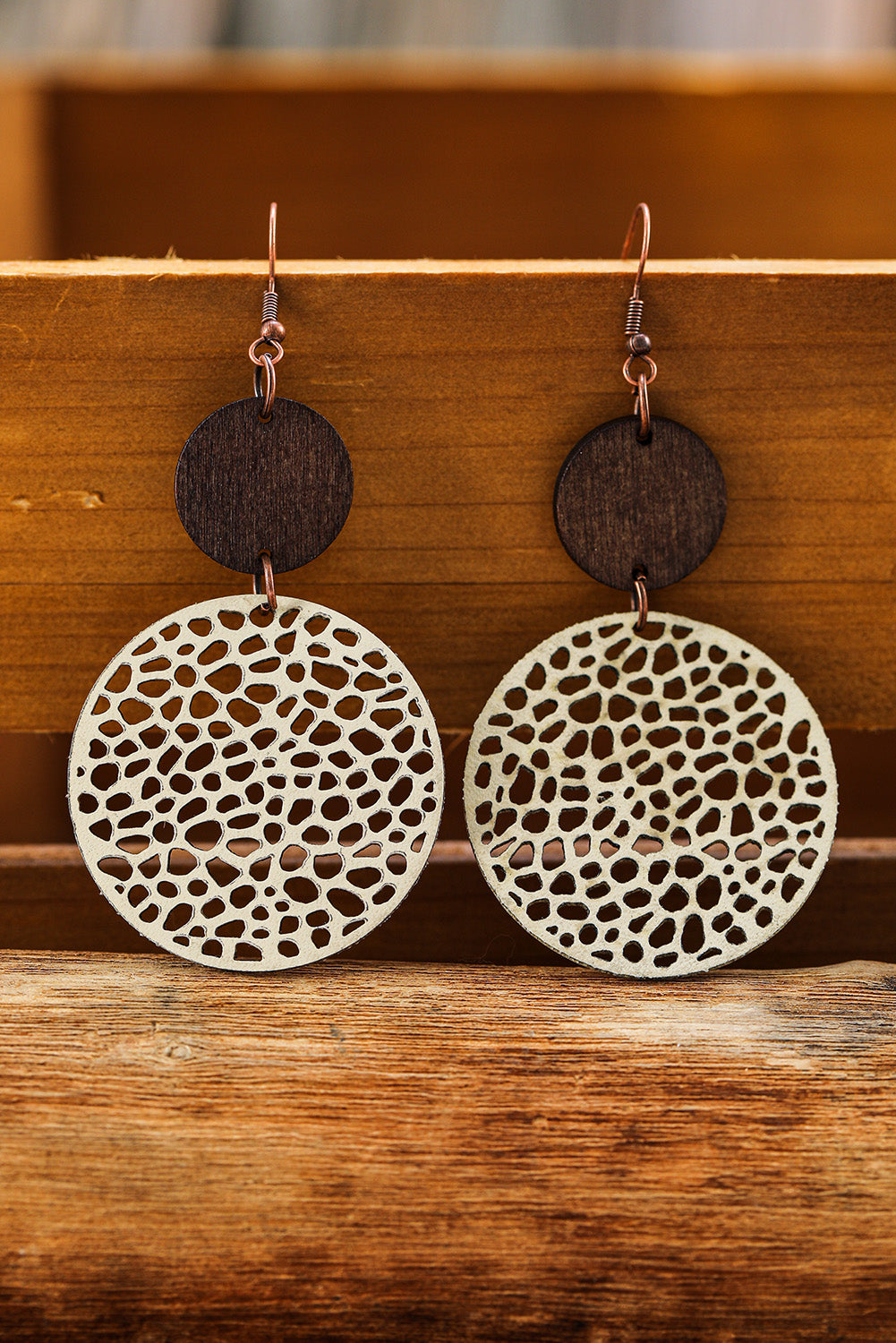 Beige Hollow Out Wooden Round Drop Earrings