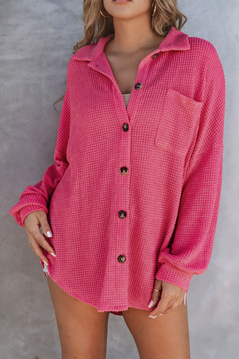 Plus Size Chest Pocket Waffle Knit Shirt