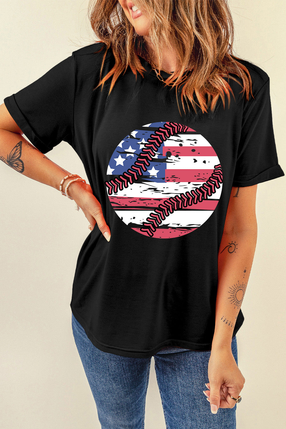 Black American Flag Baseball Graphic Crew Neck Tee