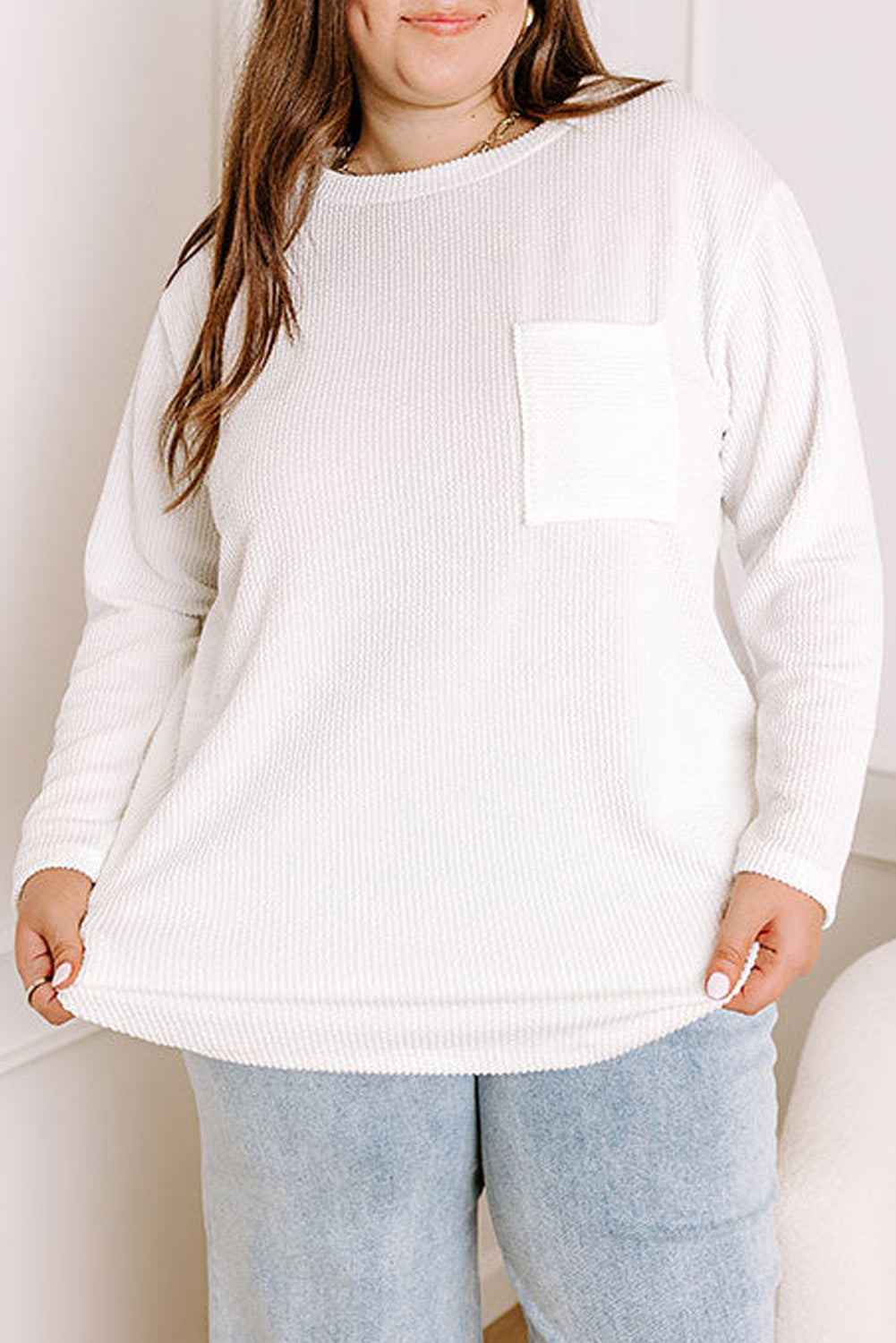 Plus Size Ribbed Textured Pocketed Long Sleeve Top