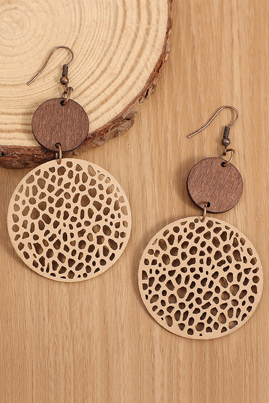 Khaki Hollow Out Wooden Round Drop Earrings