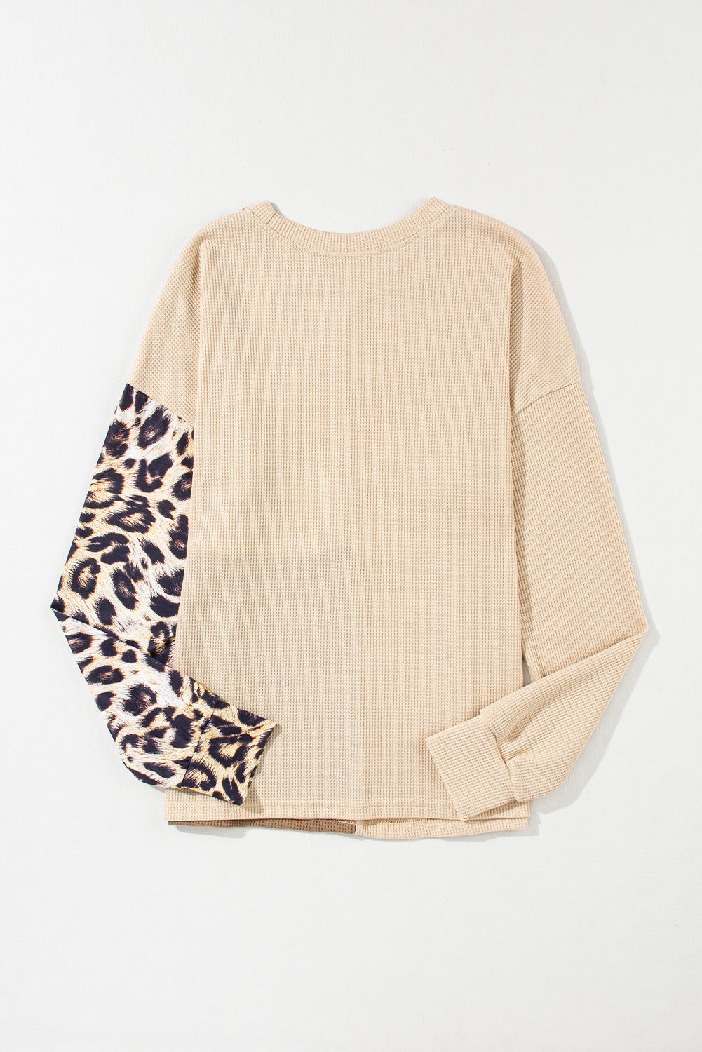 Casual Waffle Knit Leopard Contrast Long Sleeve Top