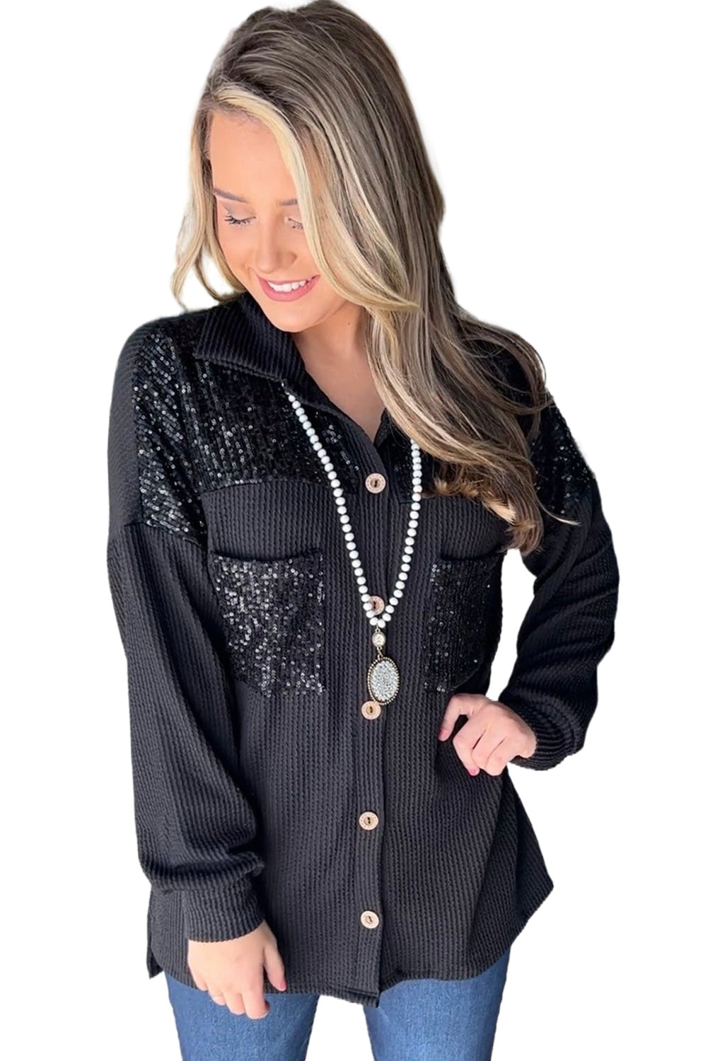 Sequin Patch Chest Pocket Corded Shacket