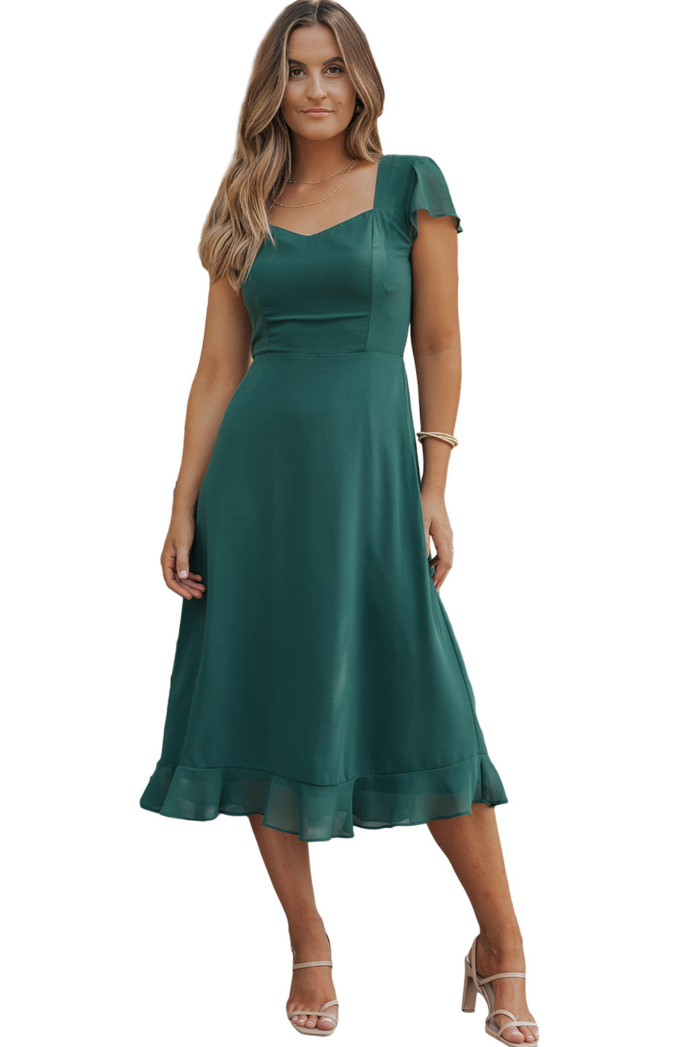 Shirred Open Back Sweetheart Neck Ruffled Midi Dress