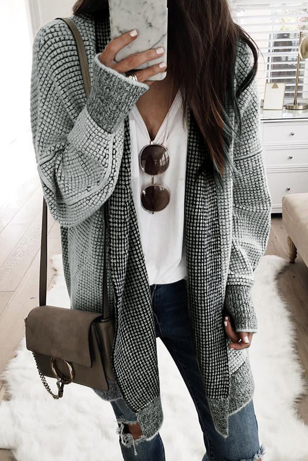 Plaid Casual Contrast Trim Knit Cardigan