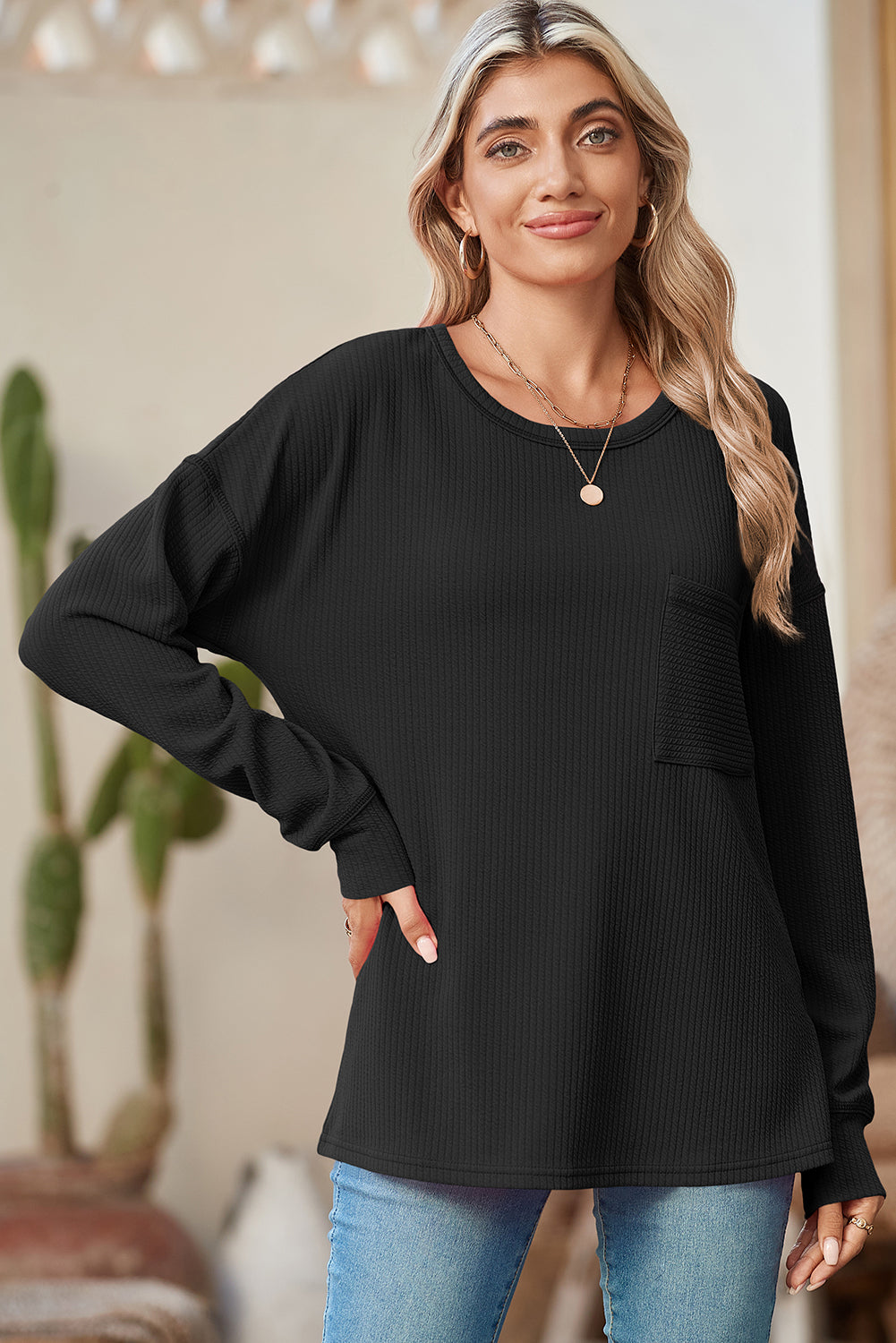 Pocketed Ribbed Long Sleeve Top