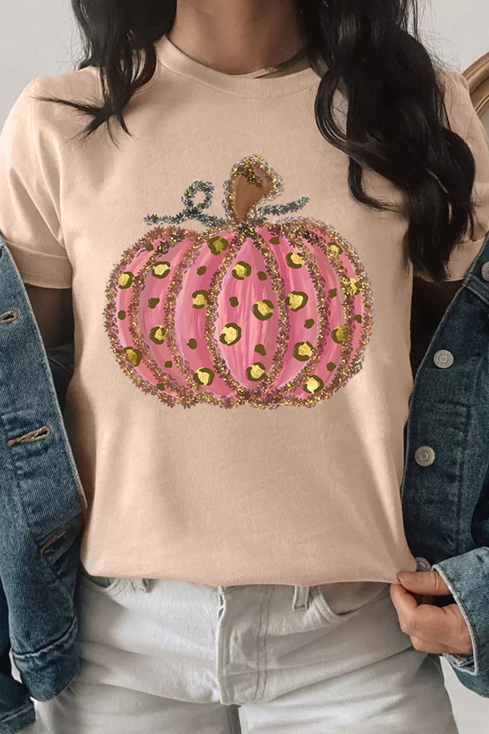 Leopard Pumpkin Graphic Round Neck T Shirt