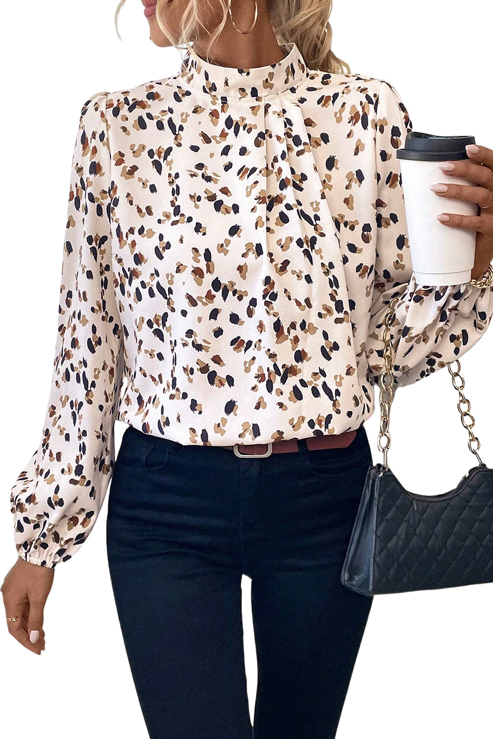 Leopard Print Puff Sleeve Mock Neck Pleated Blouse