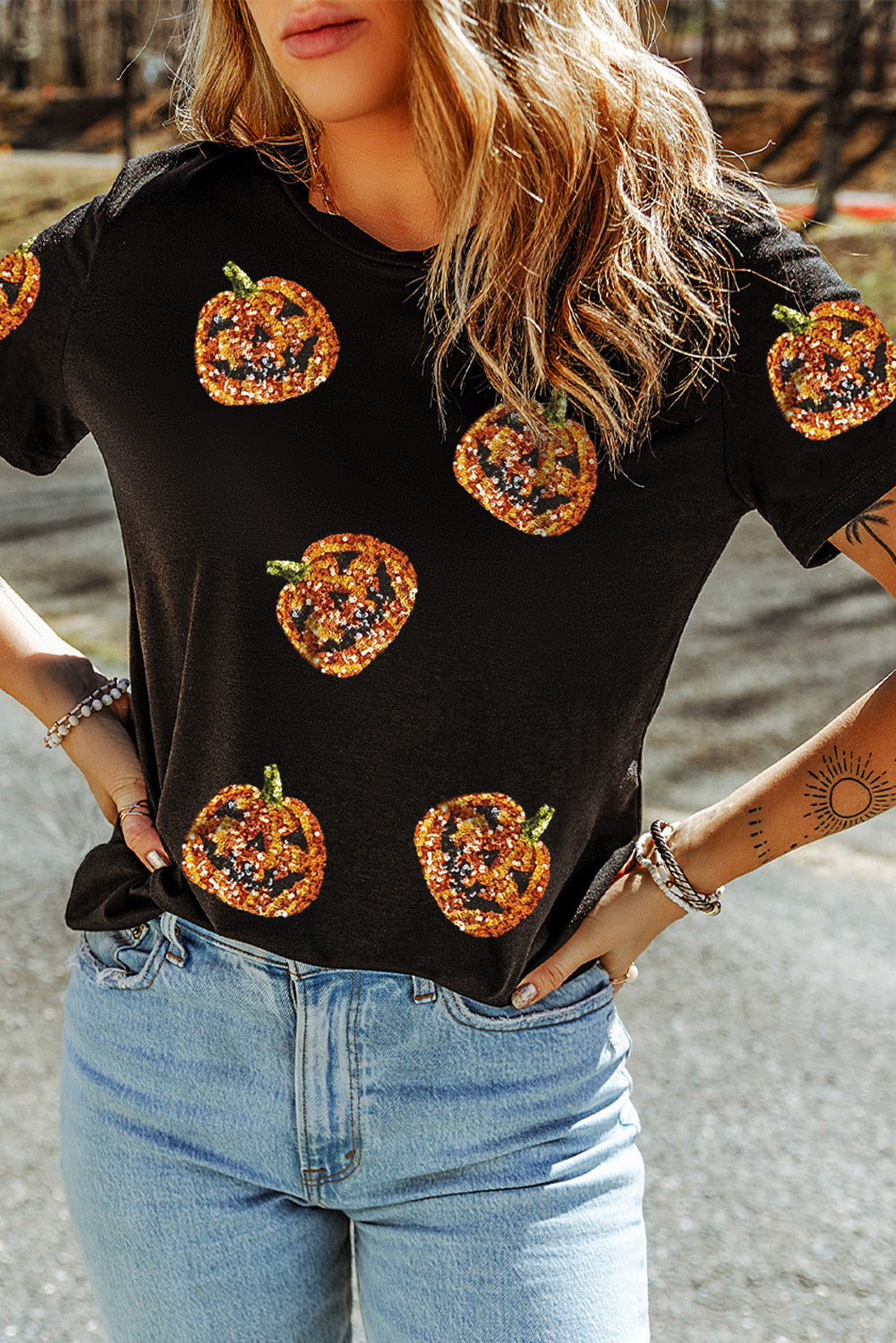 Halloween Sequin Pumpkin Face Graphic T Shirt