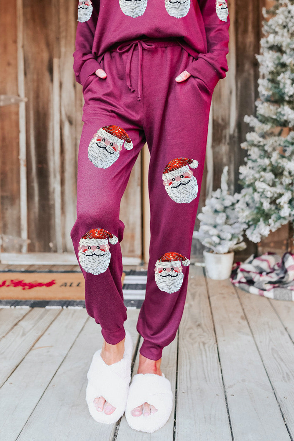 Red Sequins Santa Claus Graphic Loungewear Set