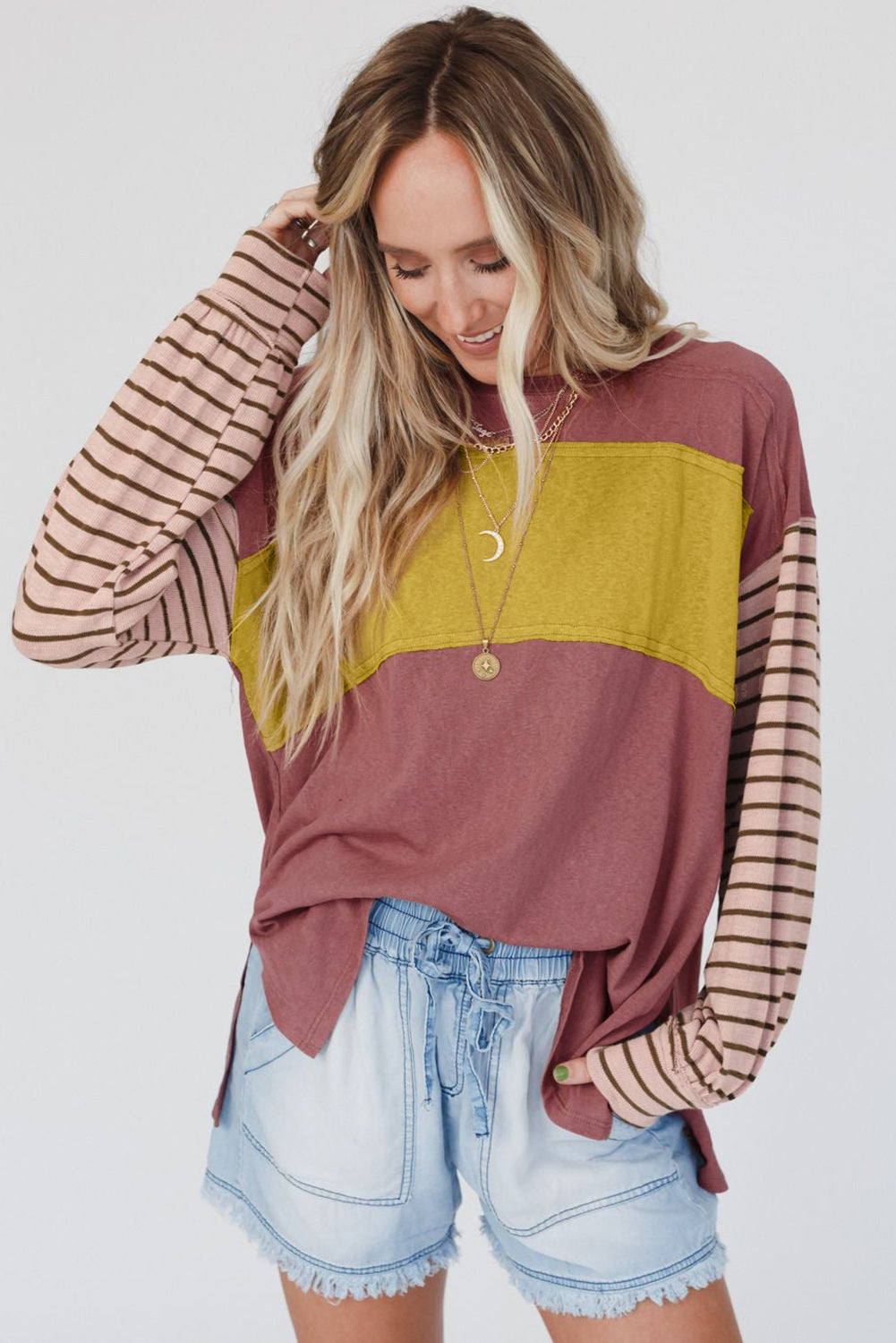 Colorblock Striped Bishop Sleeve Top