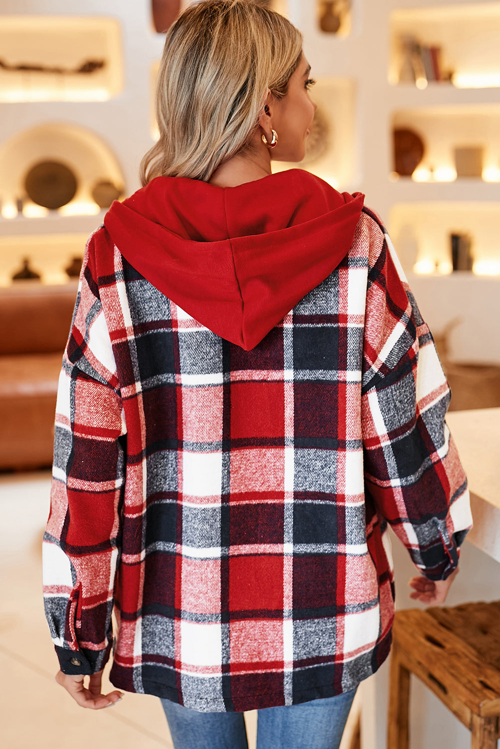 Plaid Button Front Hooded Shacket