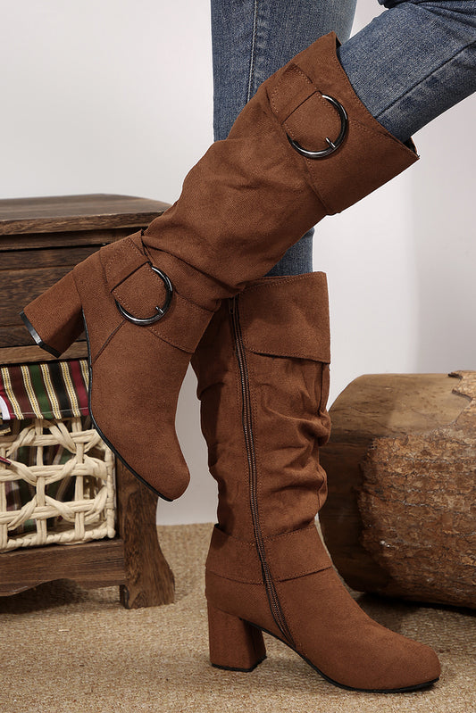 Suede Double Buckled Side Zipped Mid-calf Boots