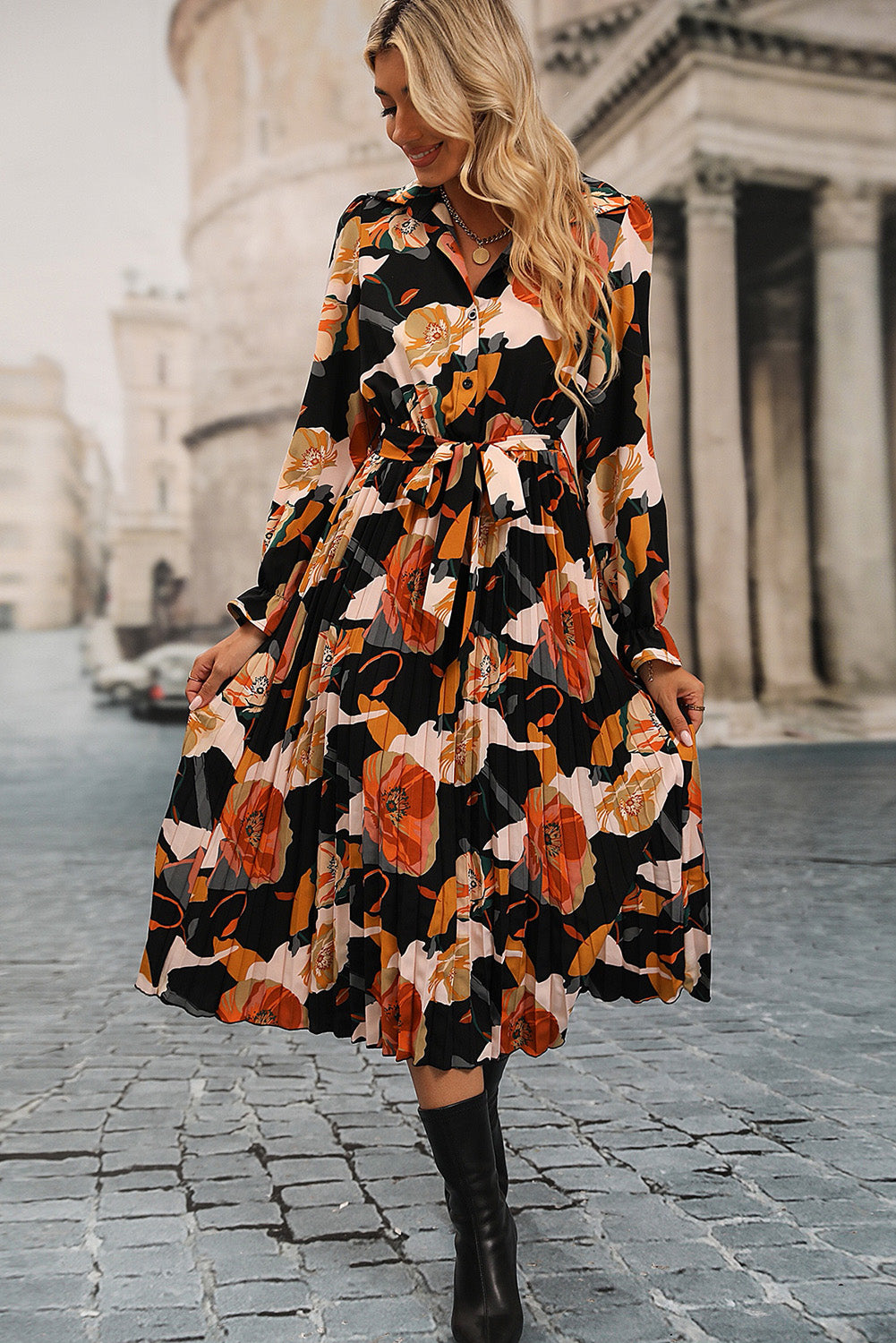 Floral Print Waist Tie Pleated Midi Shirt Dress