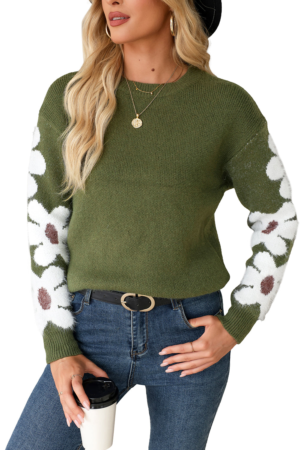 Flower Sleeve Drop Shoulder Sweater