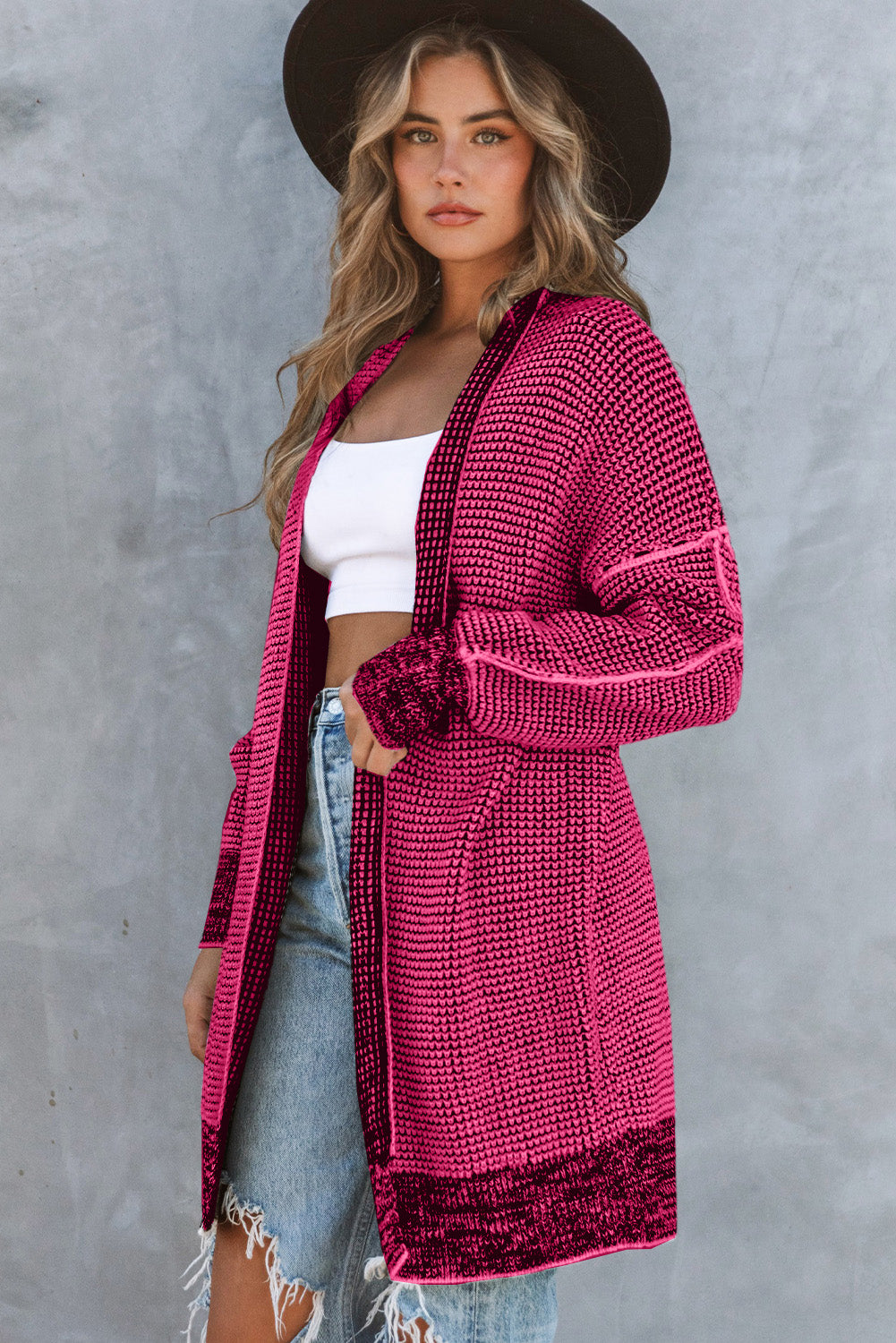 Plaid Casual Contrast Trim Knit Cardigan