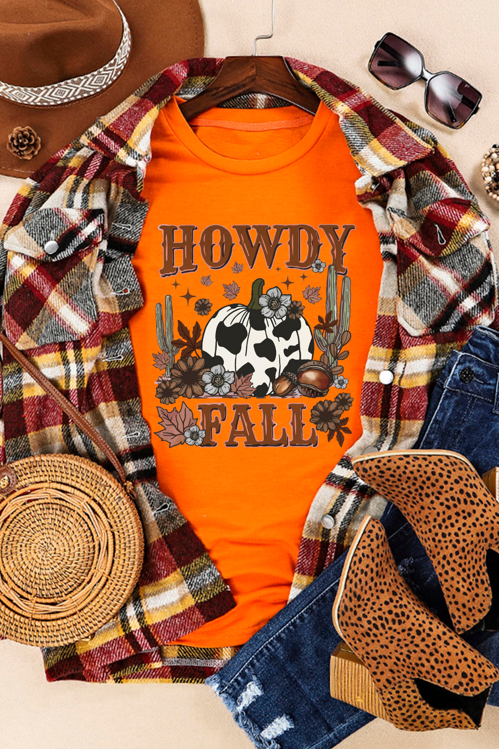 Orange HOWDY FALL Western Pumpkin Graphic T Shirt