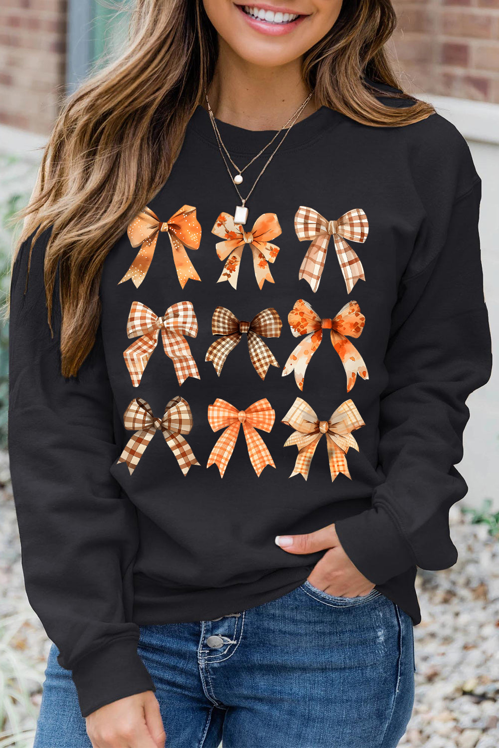 Plaid Bowknot Graphic Round Neck Sweatshirt