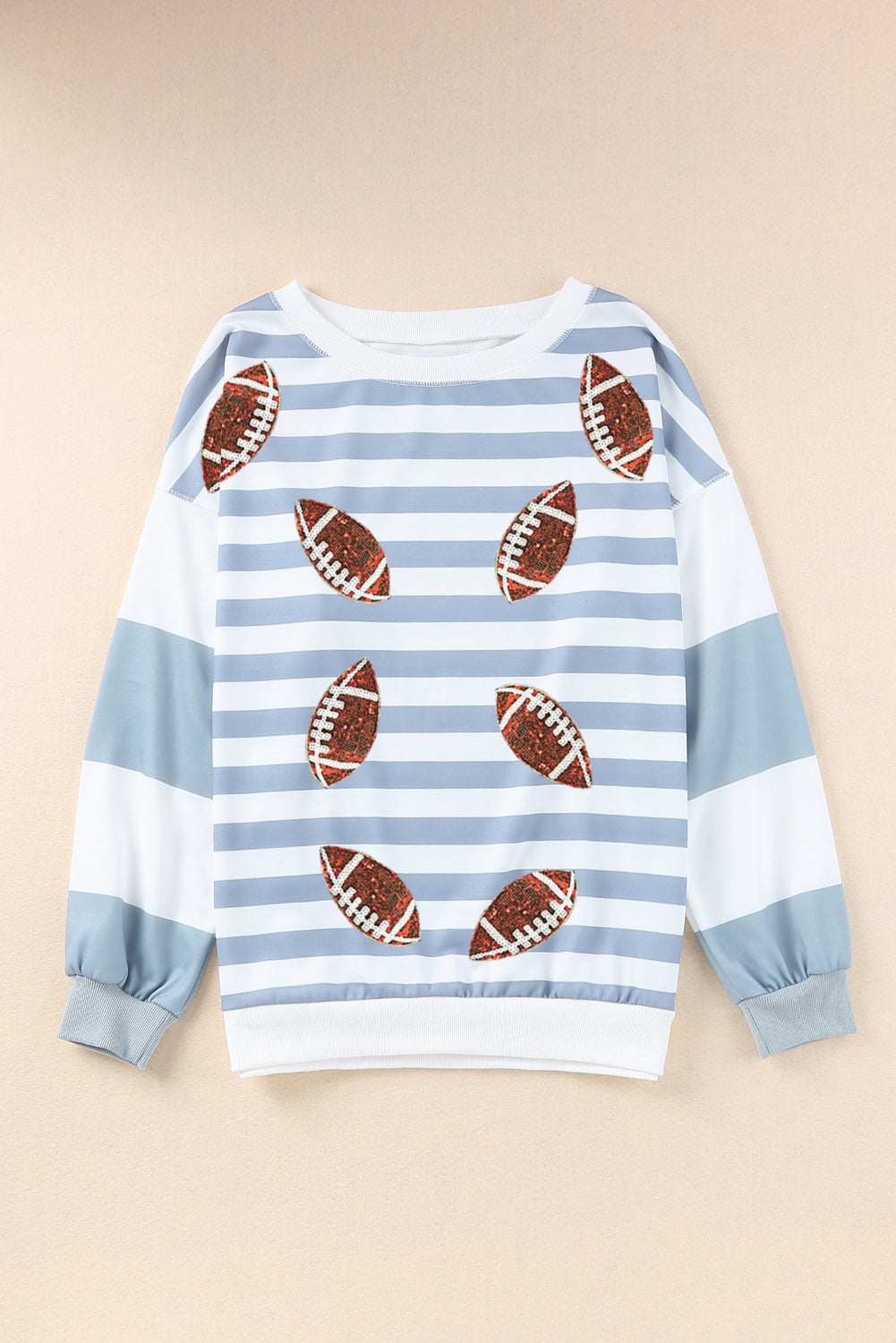 Stripe Sequined Rugby Graphic Round Neck Sweatshirt