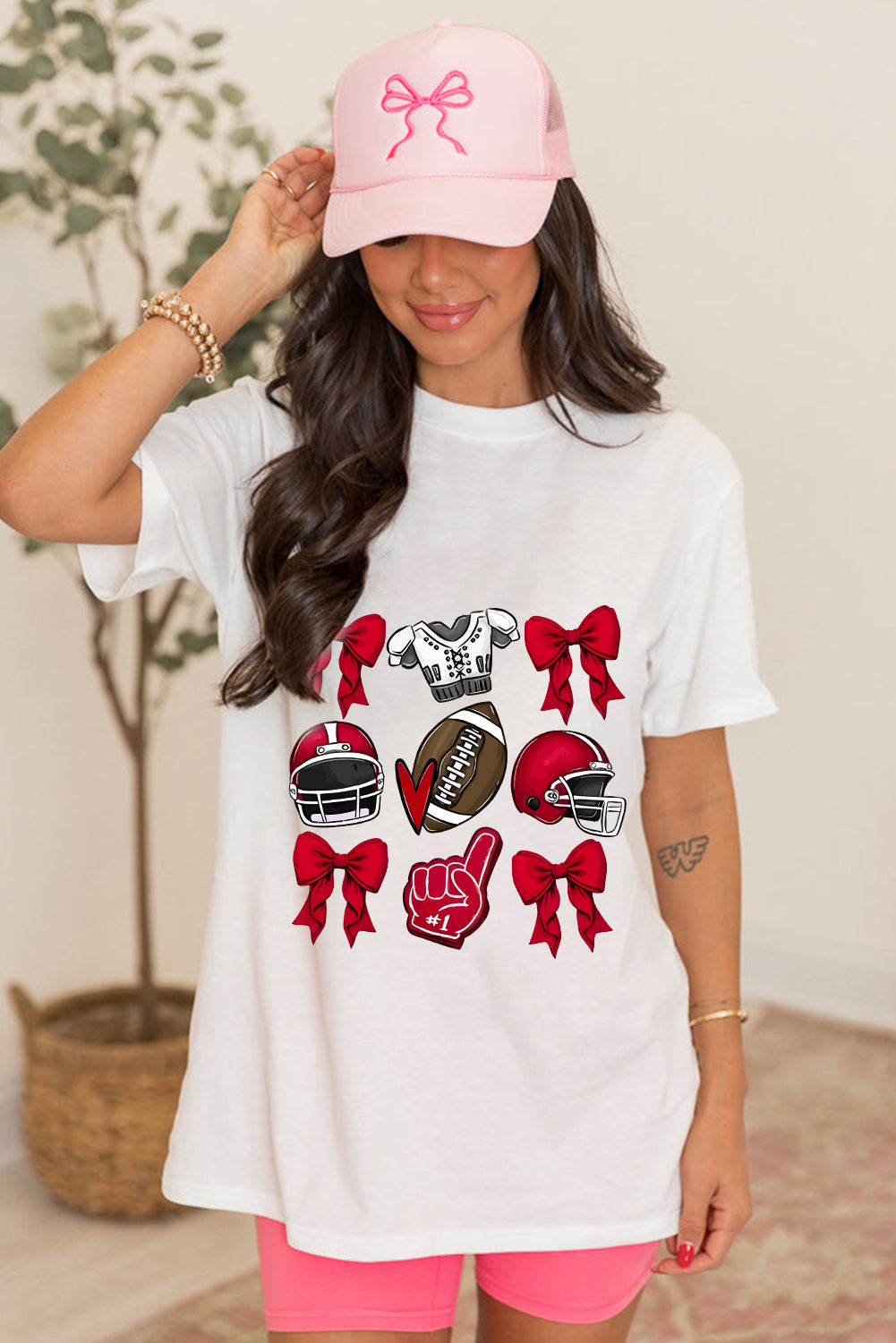 White-2 Rugby Cheer Helmet Bow Graphic Tee