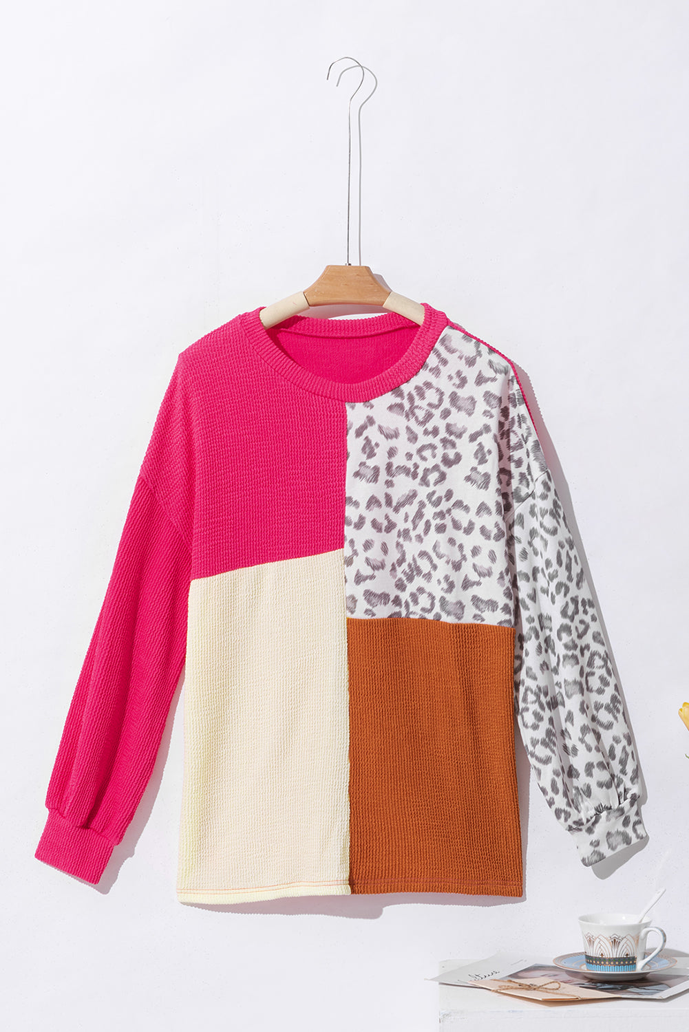 Leopard Patchwork Color Block Ribbed Long Sleeve Top