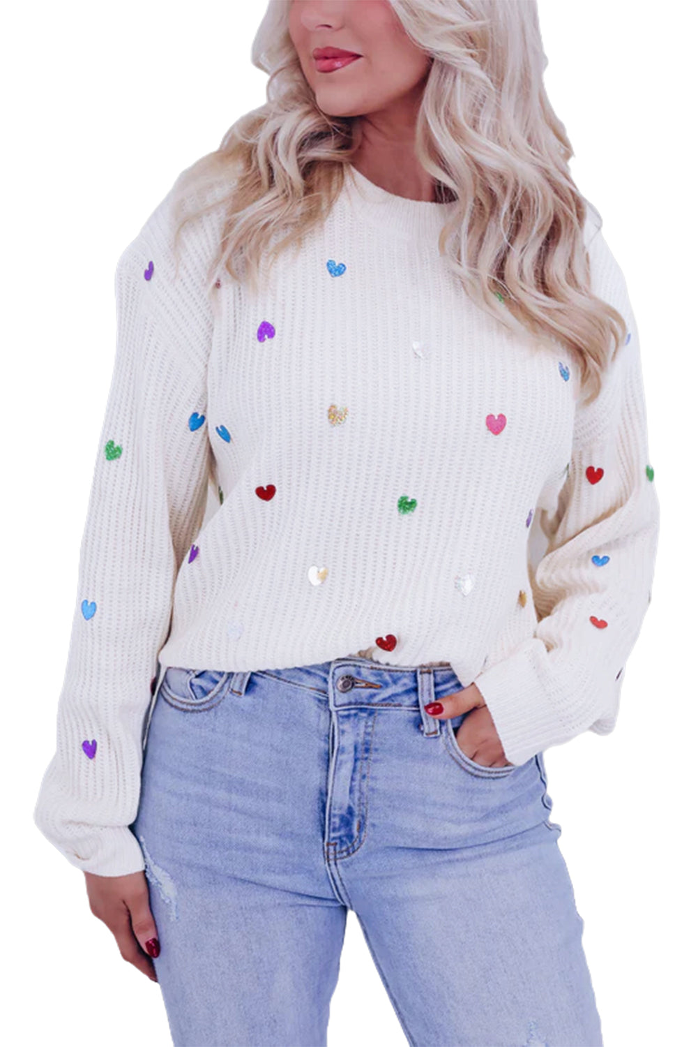 Sequin Heart Pattern Round Neck Knit Sweater