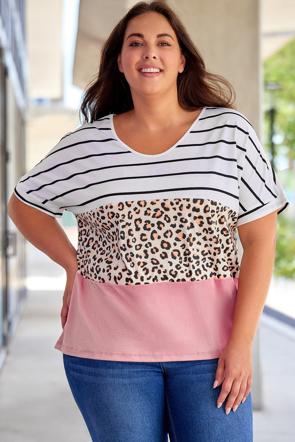 Striped Leopard Color Block Plus Size T-Shirt