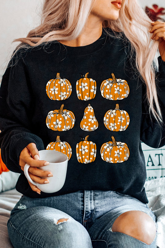 Halloween Floral Pumpkin Graphic Round Neck Sweatshirt