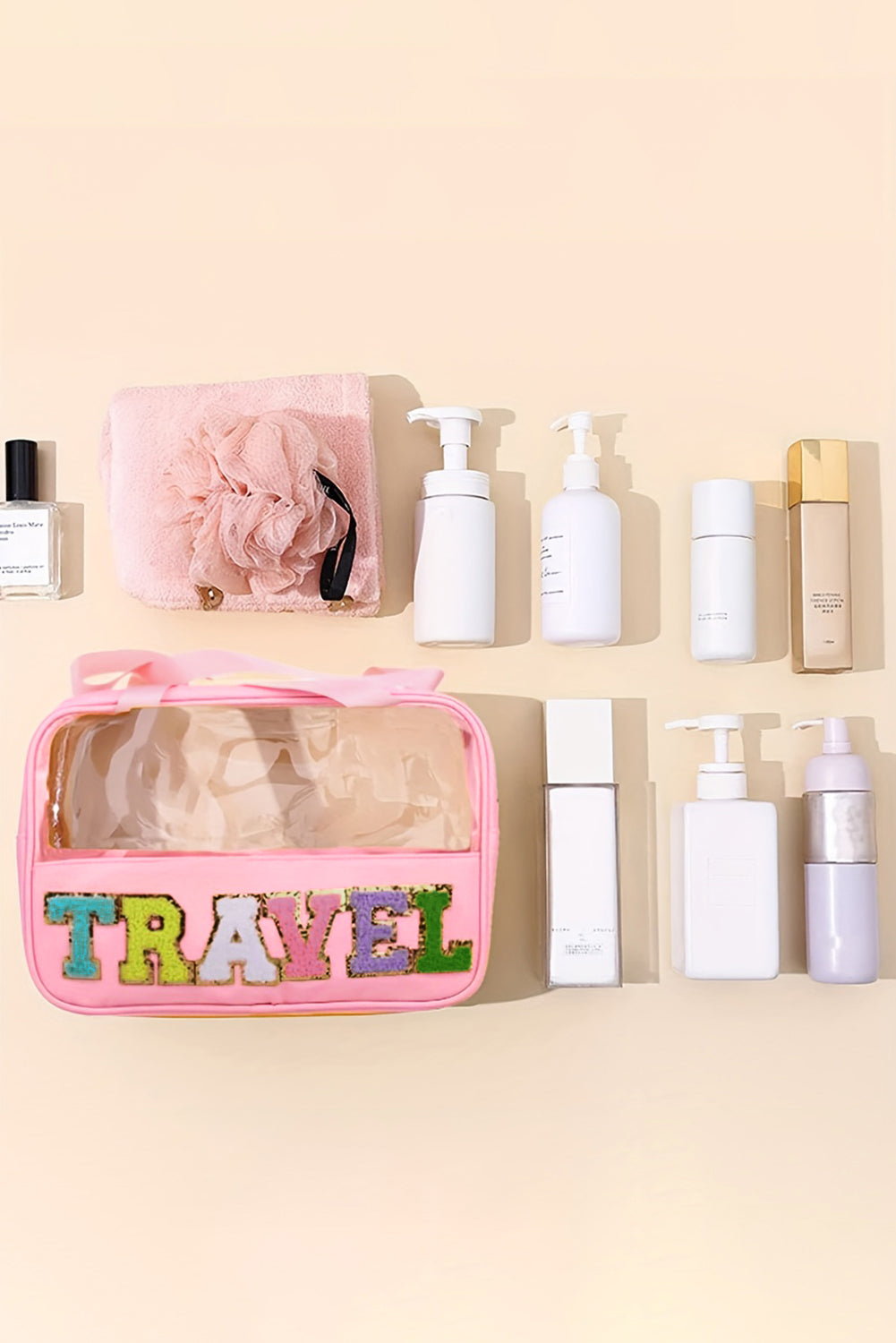 TRAVEL Chenille Letter Clear PVC Makeup Bag