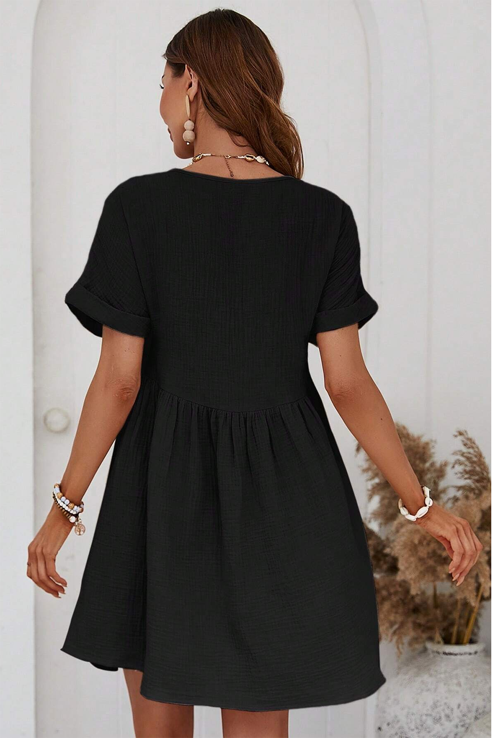 Folded Short Sleeve Lace V Neck Mini Dress