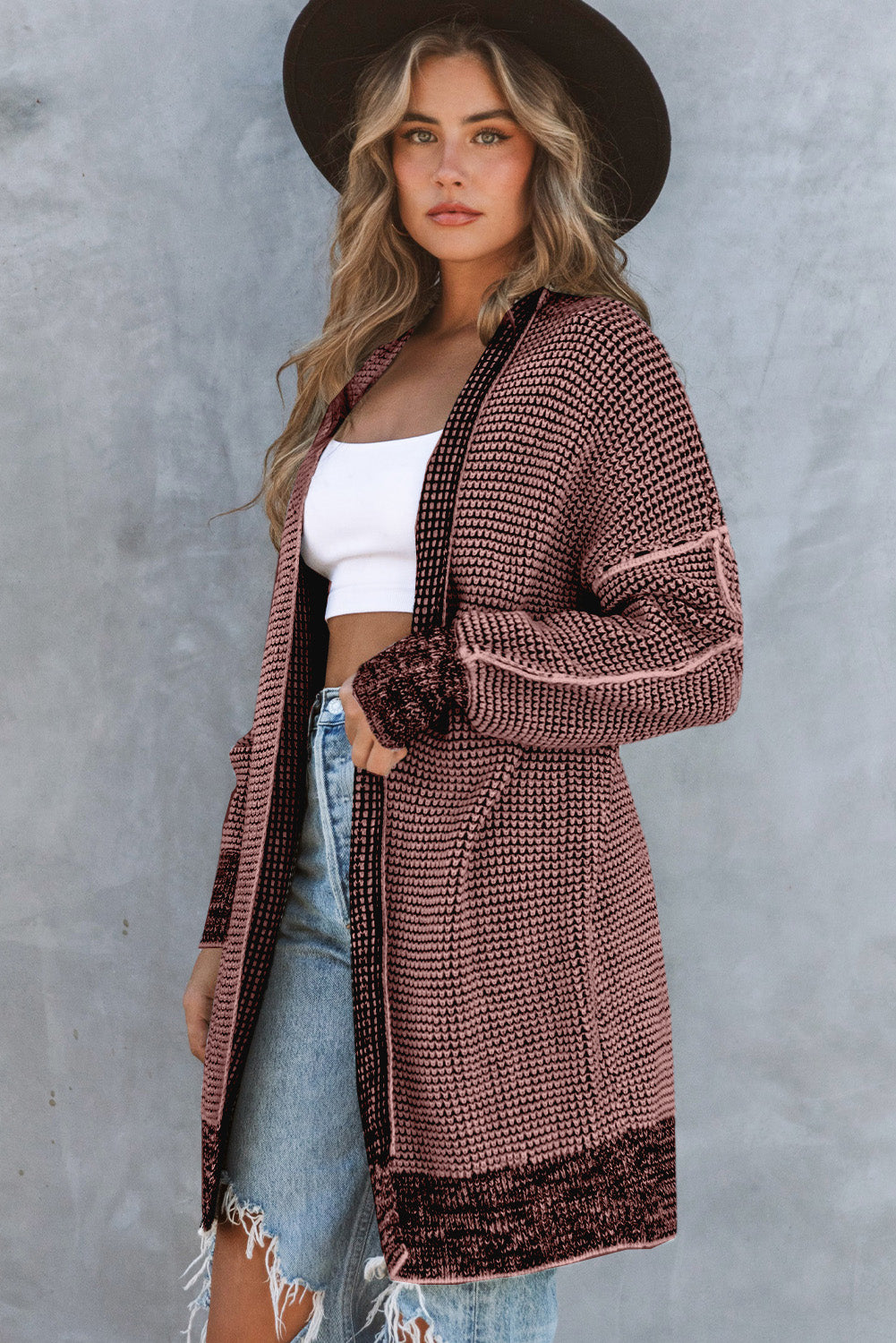 Plaid Casual Contrast Trim Knit Cardigan