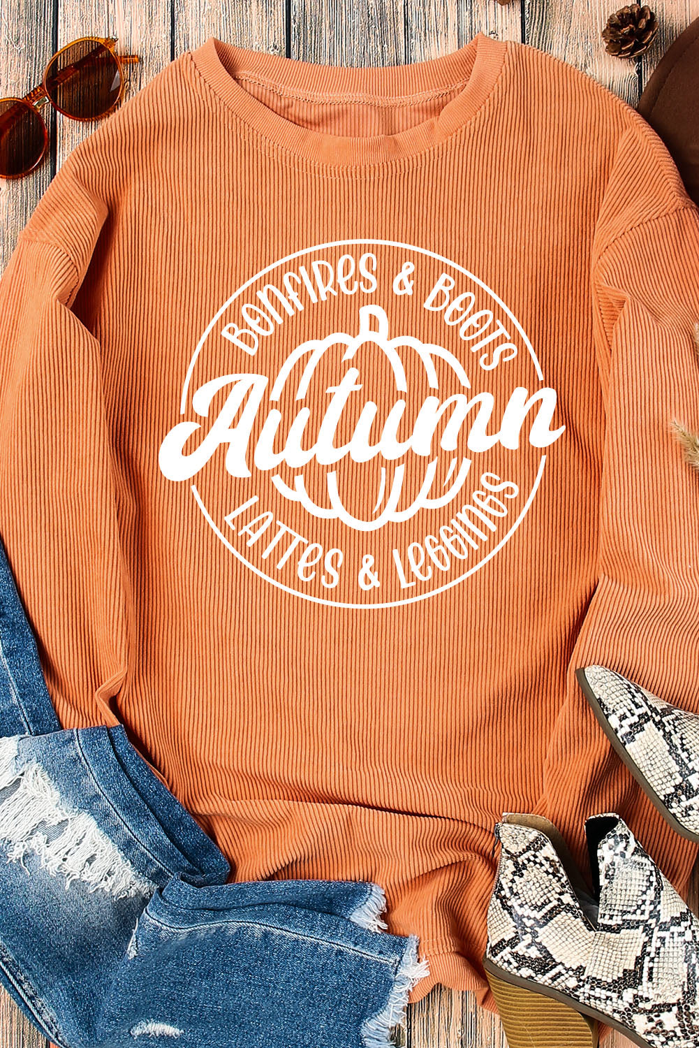 Orange Autumn Pumpkin Graphic Print Corded Oversized Sweatshirt