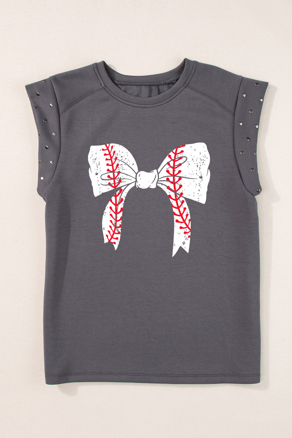 Dark Grey Baseball Bow Knot Graphic Studded Sleeve T Shirt