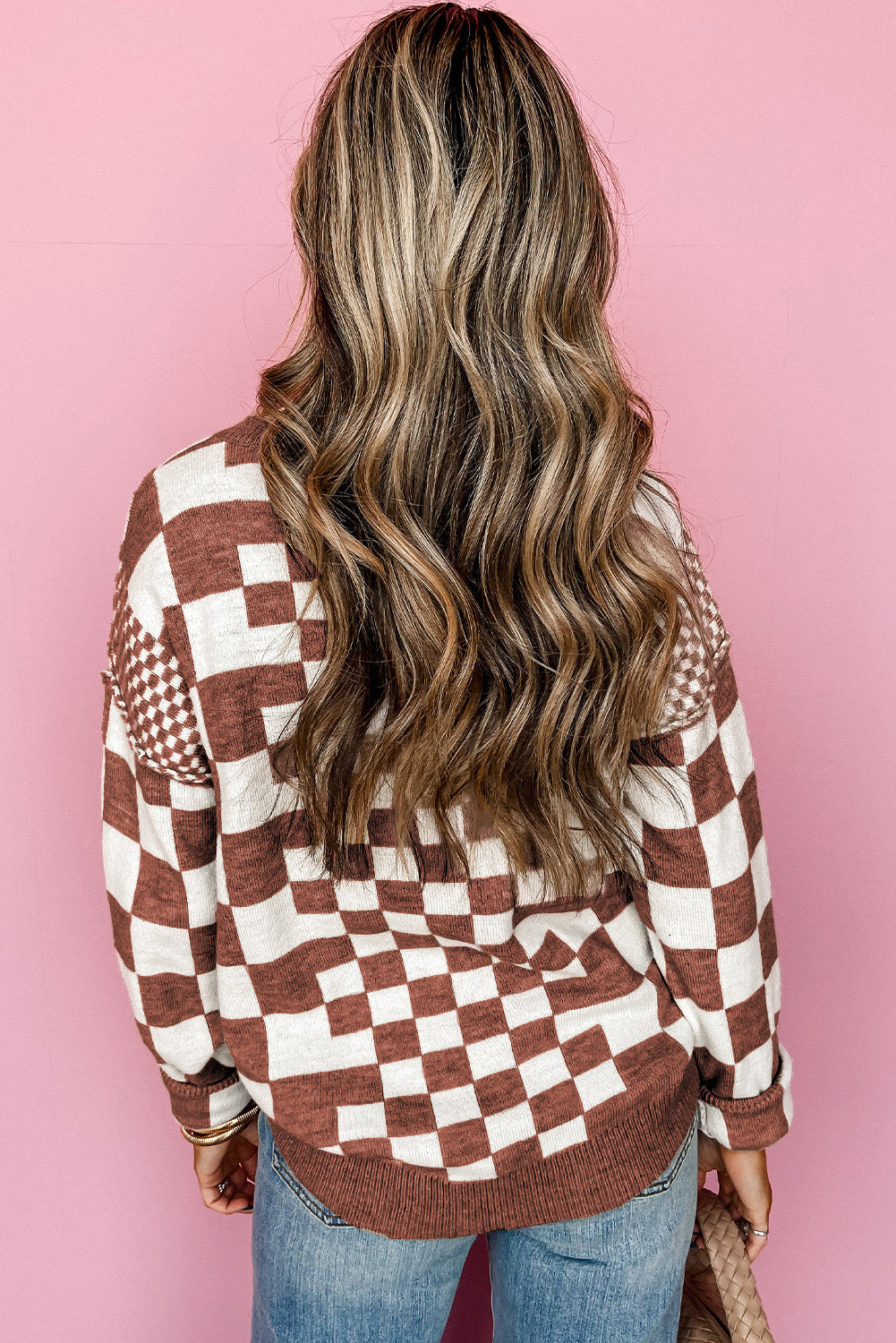 Checkered Drop Shoulder Round Neck Sweater