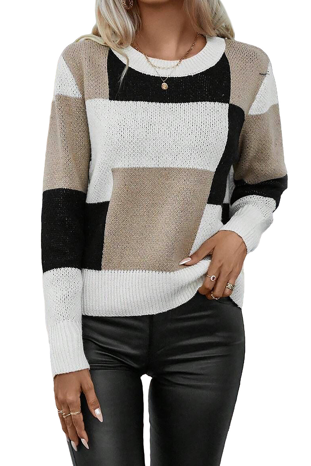 Checkered Colorblock Round Neck Knit Sweater