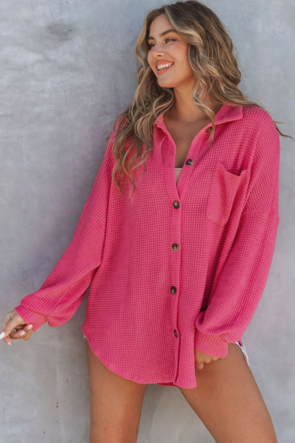 Plus Size Chest Pocket Waffle Knit Shirt