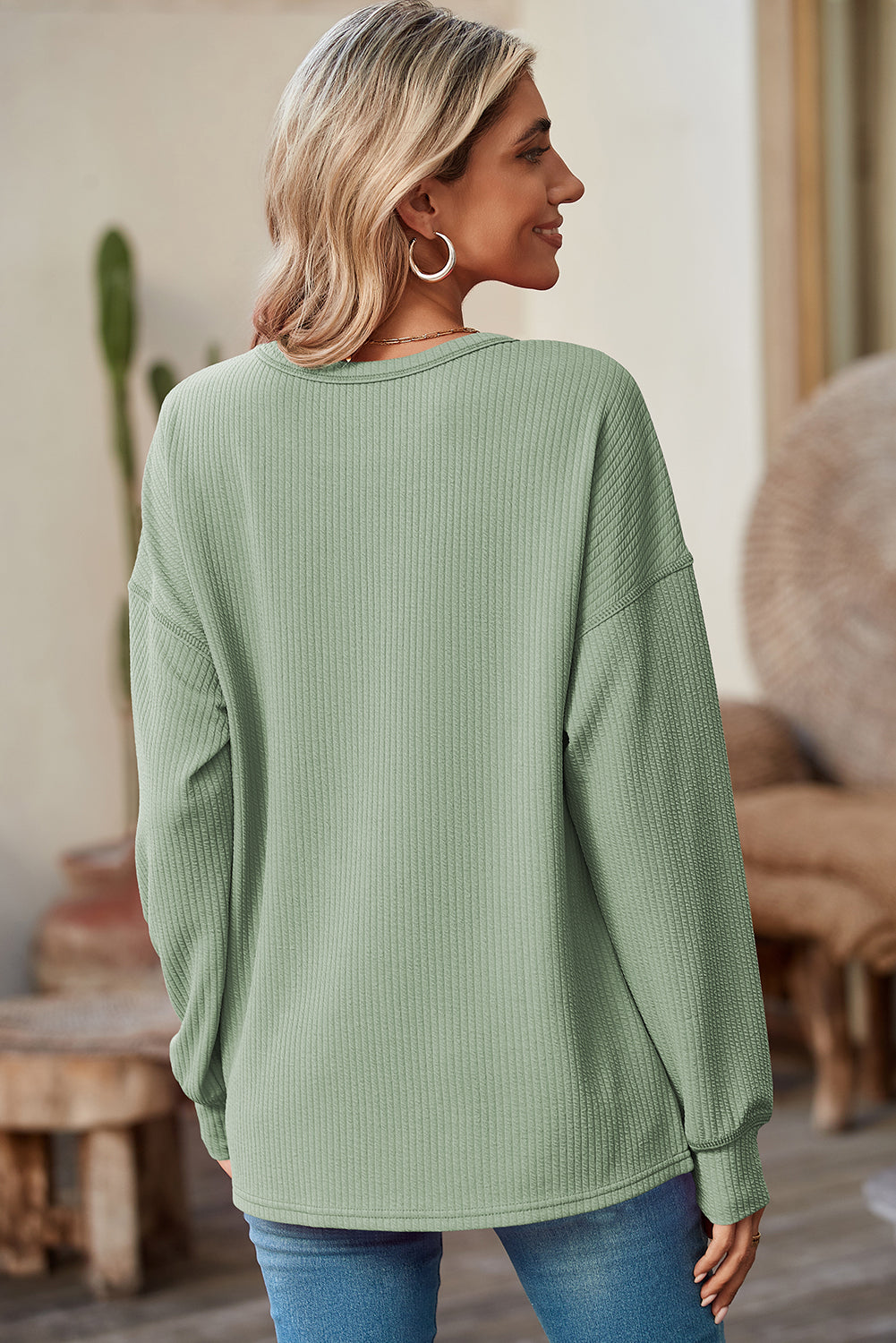 Pocketed Ribbed Long Sleeve Top