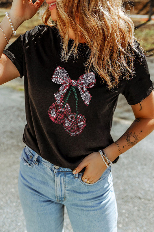 Rhinestone Bowknot Cherry Graphic T Shirt