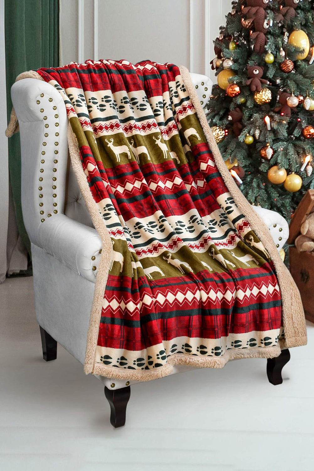 Fiery Red Christmas Elk Print Reversible Sherpa Fleece Blanket