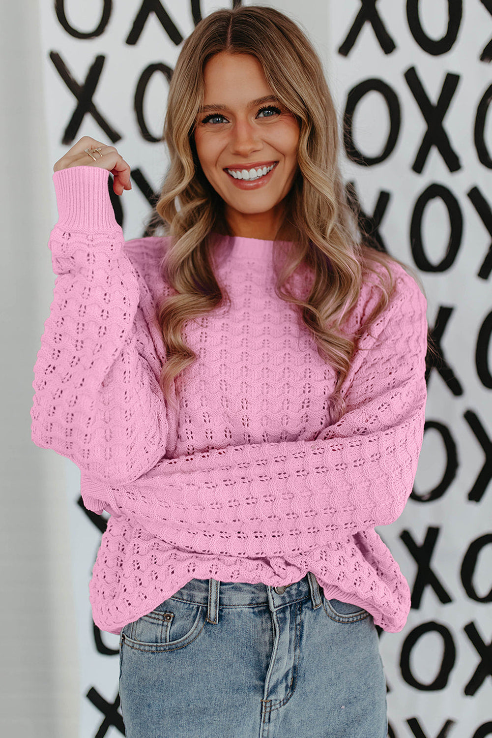 Crochet Knit Drop Shoulder Sweater