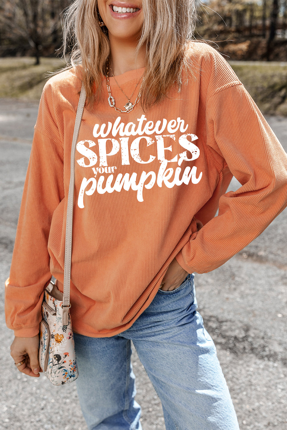 Crinkle Rib Whatever Spices Your Pumpkin Graphic Sweatshirt