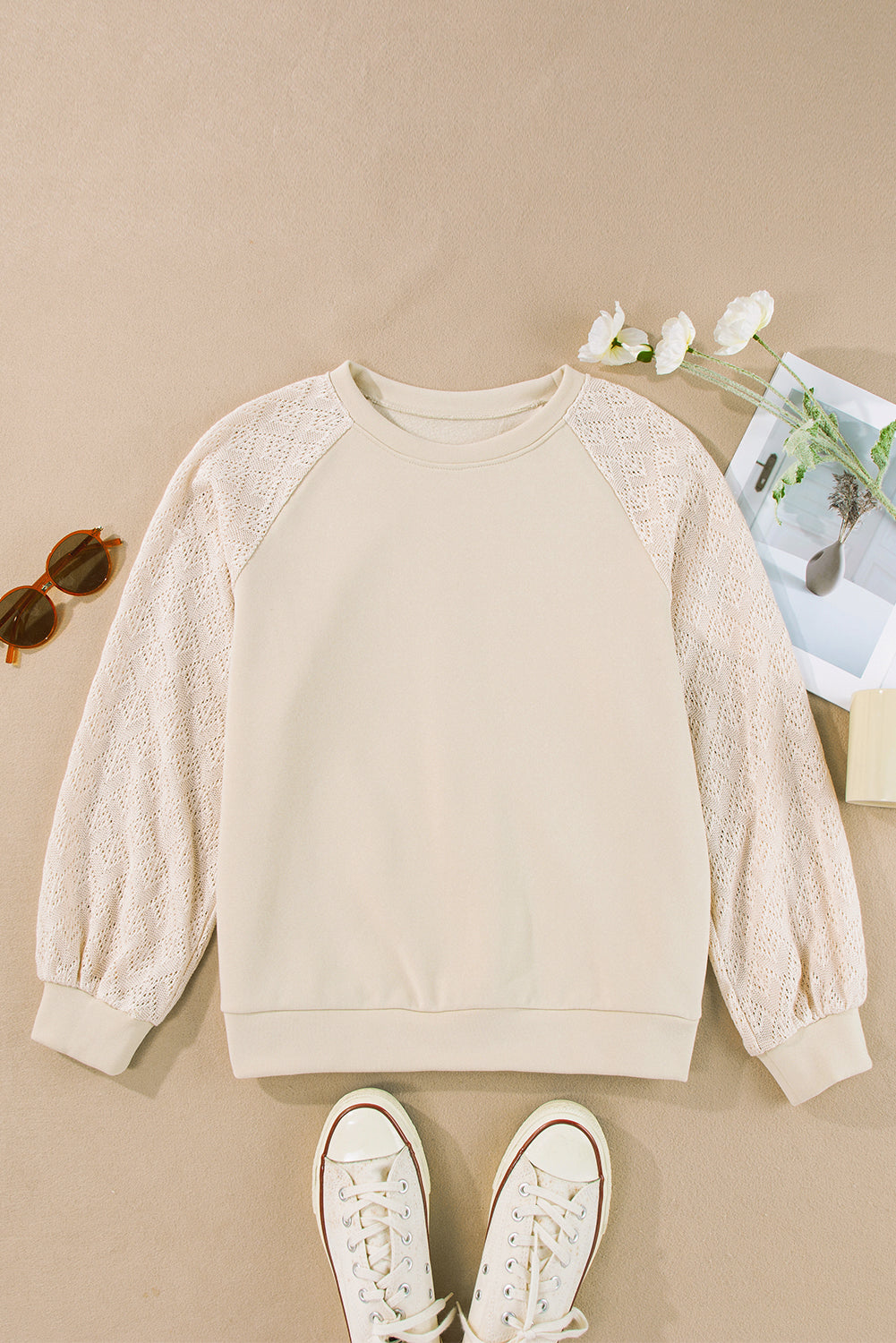 Eyelet Knit Patchwork Raglan Sleeve Sweatshirt